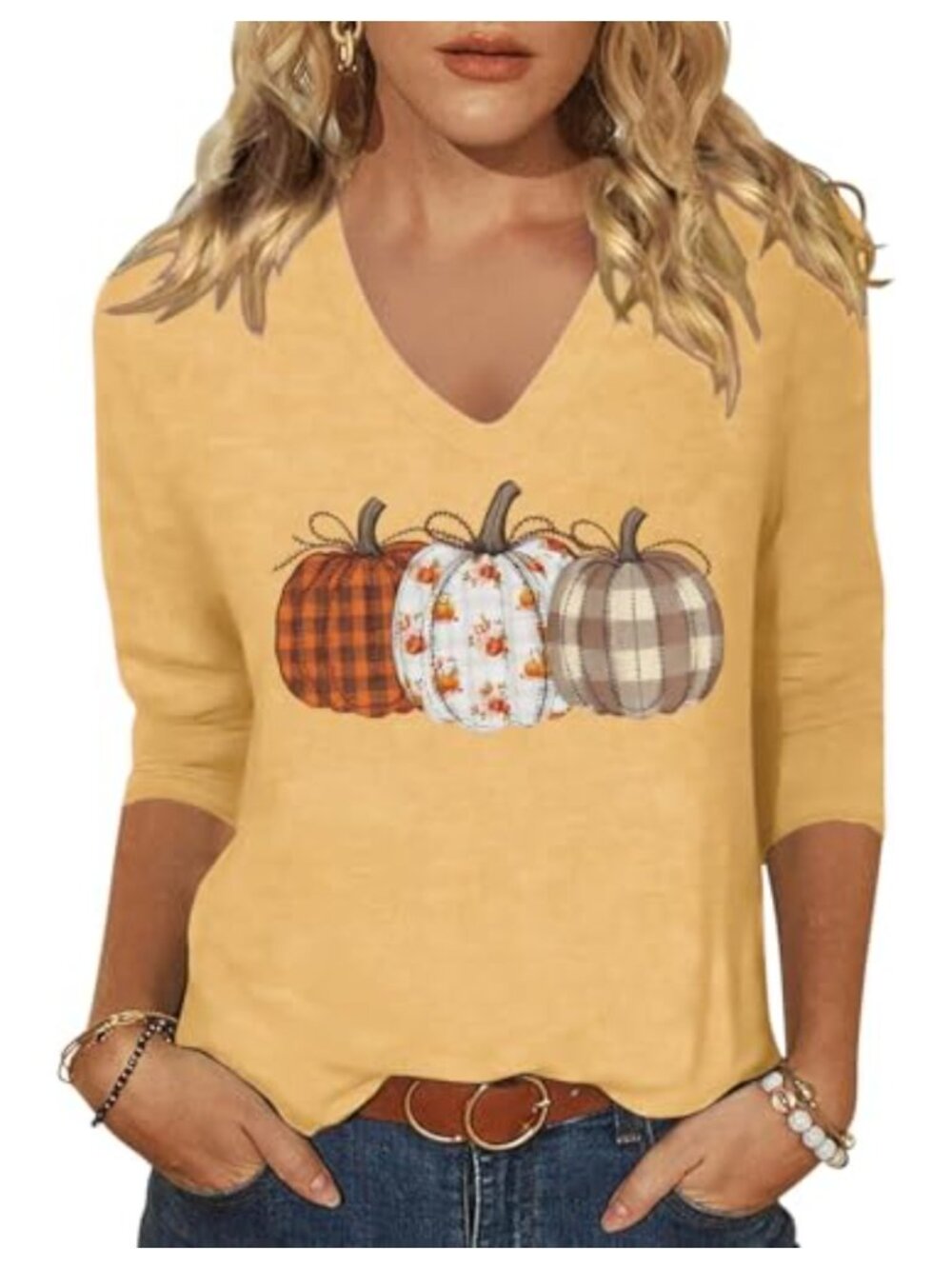 Womens 3/4 Sleeve V Neck Plaid Pumpkin Graphic Tee Thanksgiving Fall T Shirt